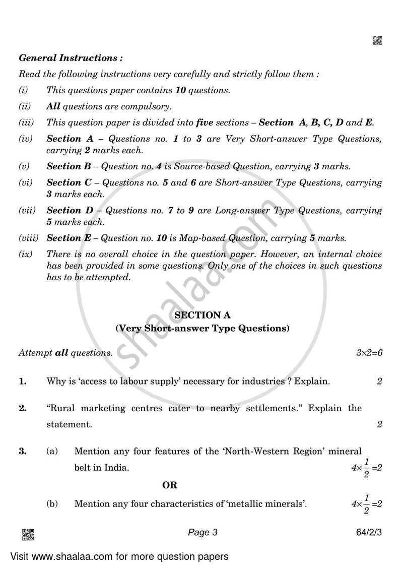 Geography 2021-2022 - CBSE 12th - Class 12 - CBSE (Central Board of Secondary Education) question paper with PDF download