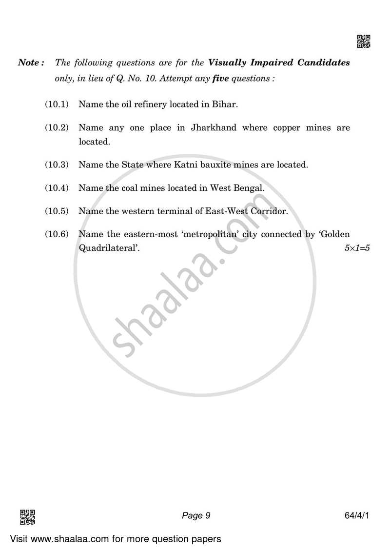 Geography 2021-2022 - CBSE 12th - Class 12 - CBSE (Central Board of Secondary Education) question paper with PDF download