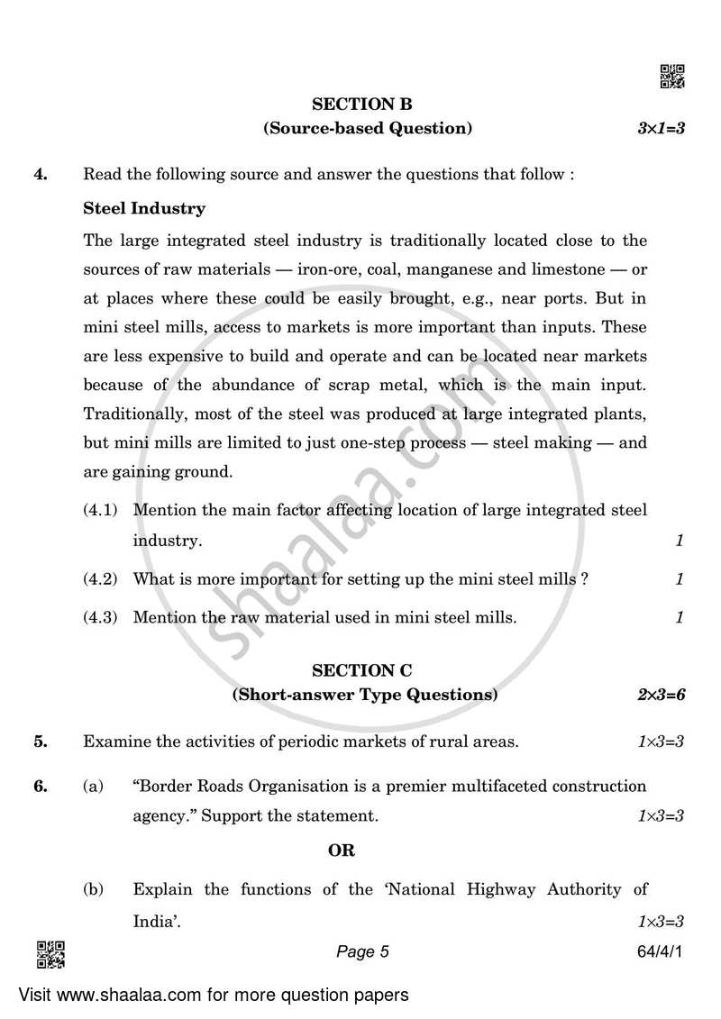 Geography 2021-2022 - CBSE 12th - Class 12 - CBSE (Central Board of Secondary Education) question paper with PDF download
