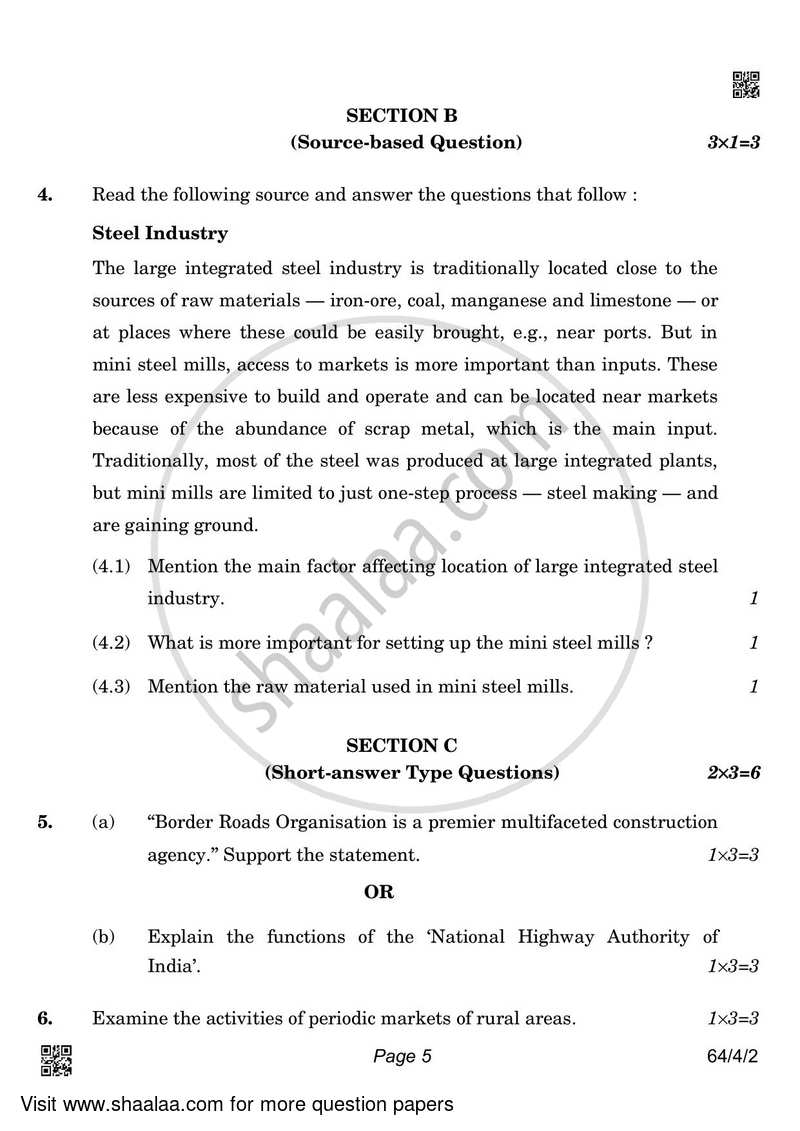 Geography 2021-2022 - CBSE 12th - Class 12 - CBSE (Central Board of Secondary Education) question paper with PDF download