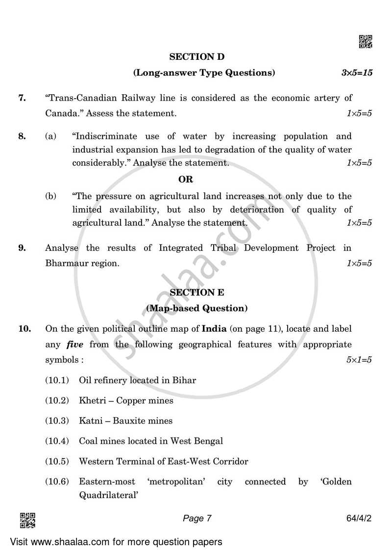 Geography 2021-2022 - CBSE 12th - Class 12 - CBSE (Central Board of Secondary Education) question paper with PDF download