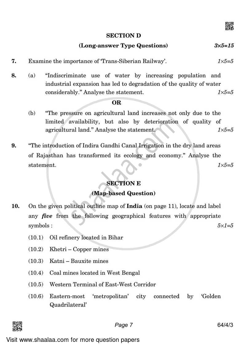 Geography 2021-2022 - CBSE 12th - Class 12 - CBSE (Central Board of Secondary Education) question paper with PDF download