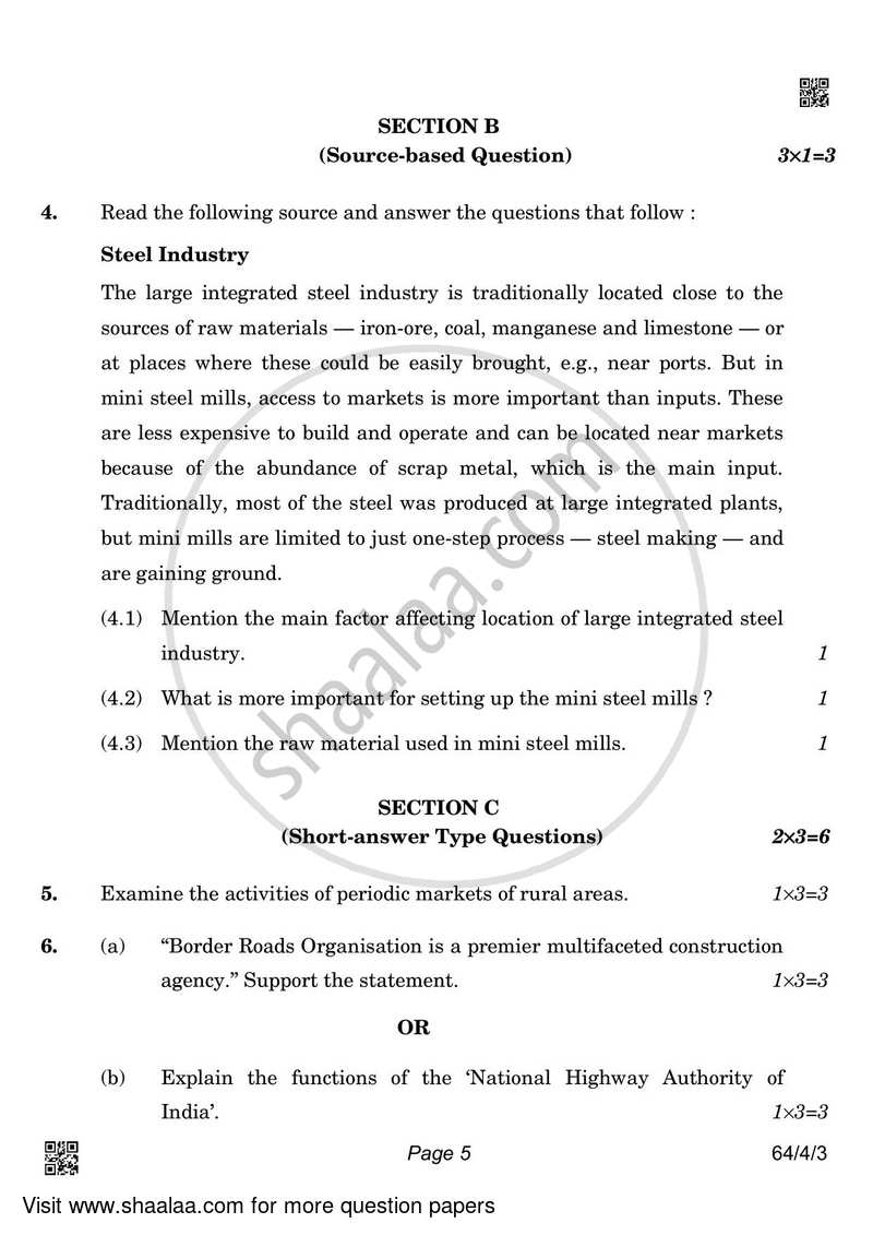 Geography 2021-2022 - CBSE 12th - Class 12 - CBSE (Central Board of Secondary Education) question paper with PDF download