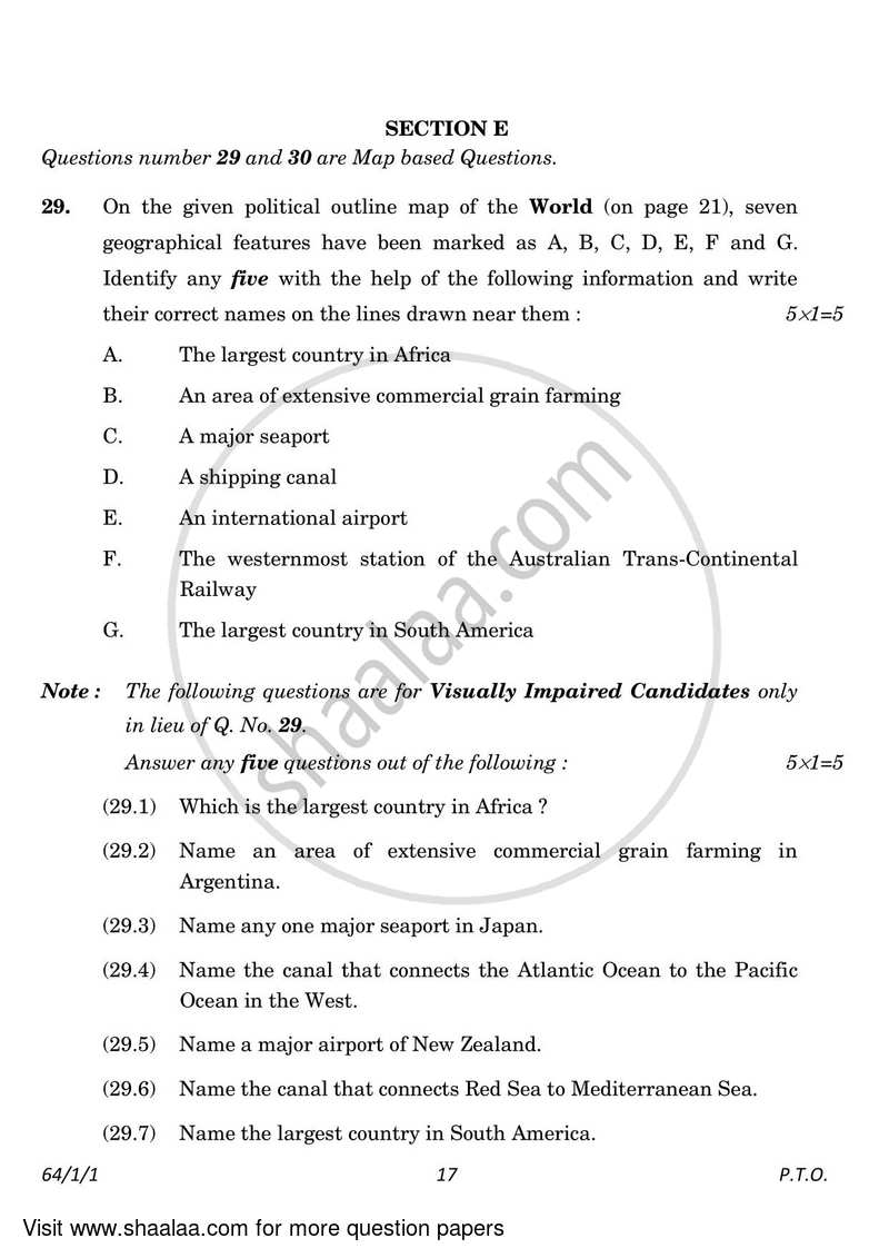 Geography 2022-2023 - CBSE 12th - Class 12 - CBSE (Central Board of Secondary Education) question paper with PDF download