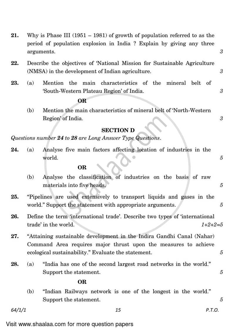 Geography 2022-2023 - CBSE 12th - Class 12 - CBSE (Central Board of Secondary Education) question paper with PDF download