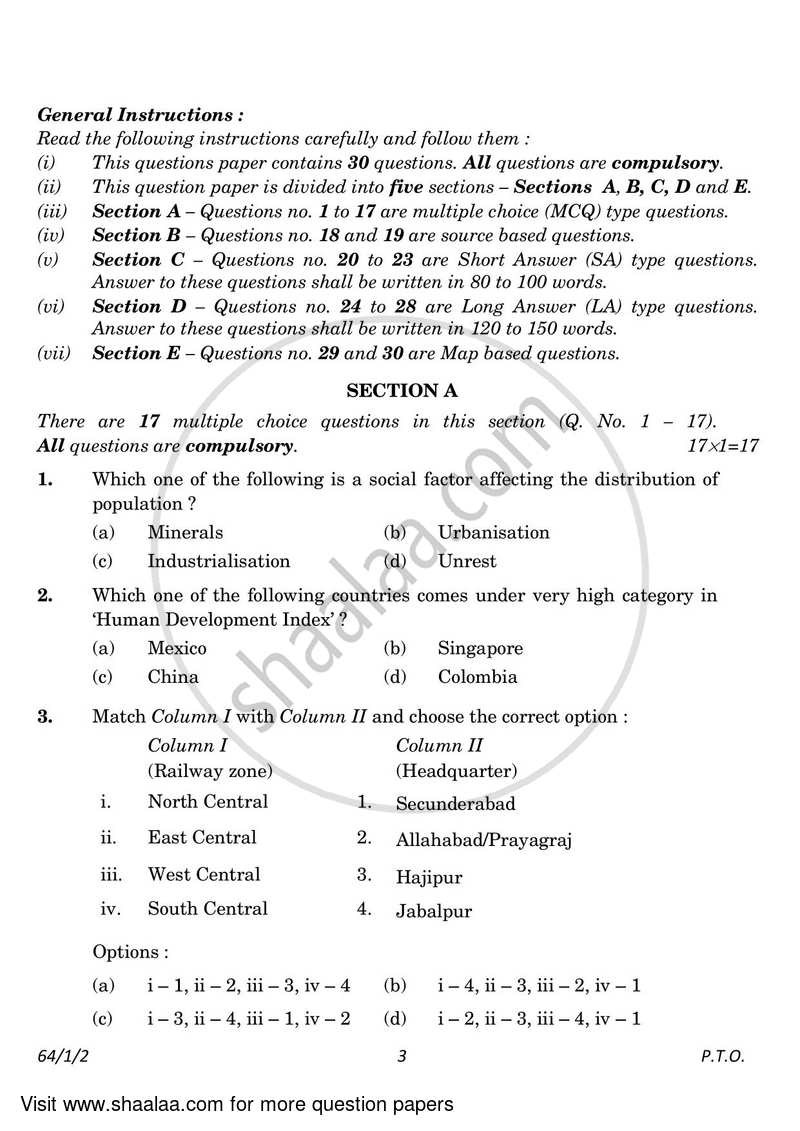 Geography 2022-2023 - CBSE 12th - Class 12 - CBSE (Central Board of Secondary Education) question paper with PDF download