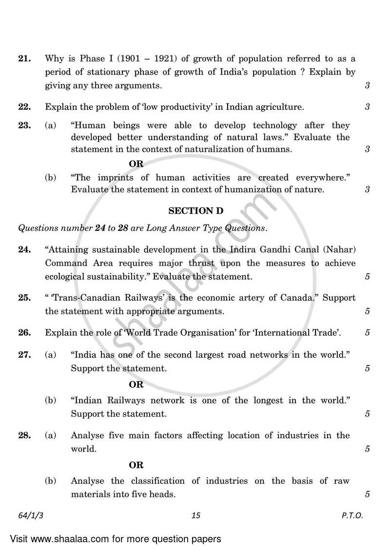 Geography 2022-2023 - CBSE 12th - Class 12 - CBSE (Central Board of Secondary Education) question paper with PDF download