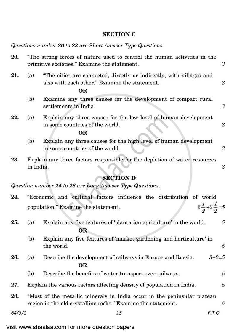 Geography 2022-2023 - CBSE 12th - Class 12 - CBSE (Central Board of Secondary Education) question paper with PDF download