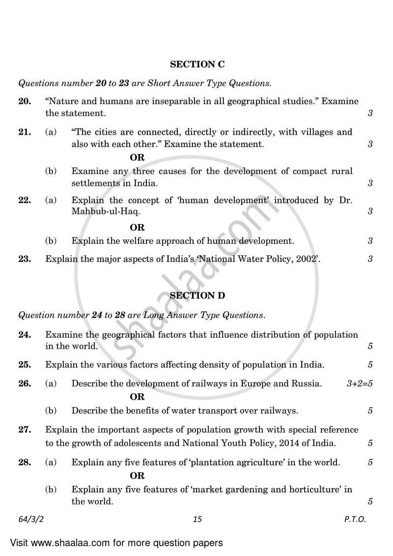 Geography 2022-2023 - CBSE 12th - Class 12 - CBSE (Central Board of Secondary Education) question paper with PDF download