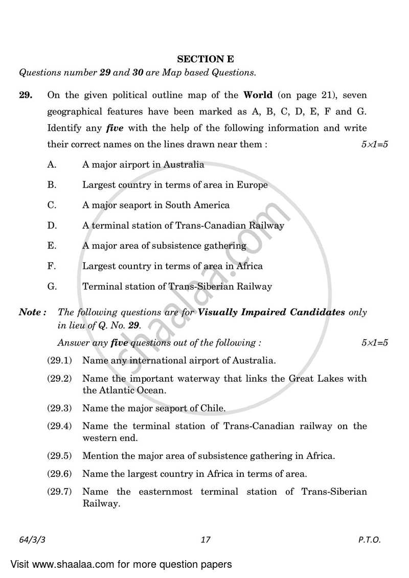 Geography 2022-2023 - CBSE 12th - Class 12 - CBSE (Central Board of Secondary Education) question paper with PDF download