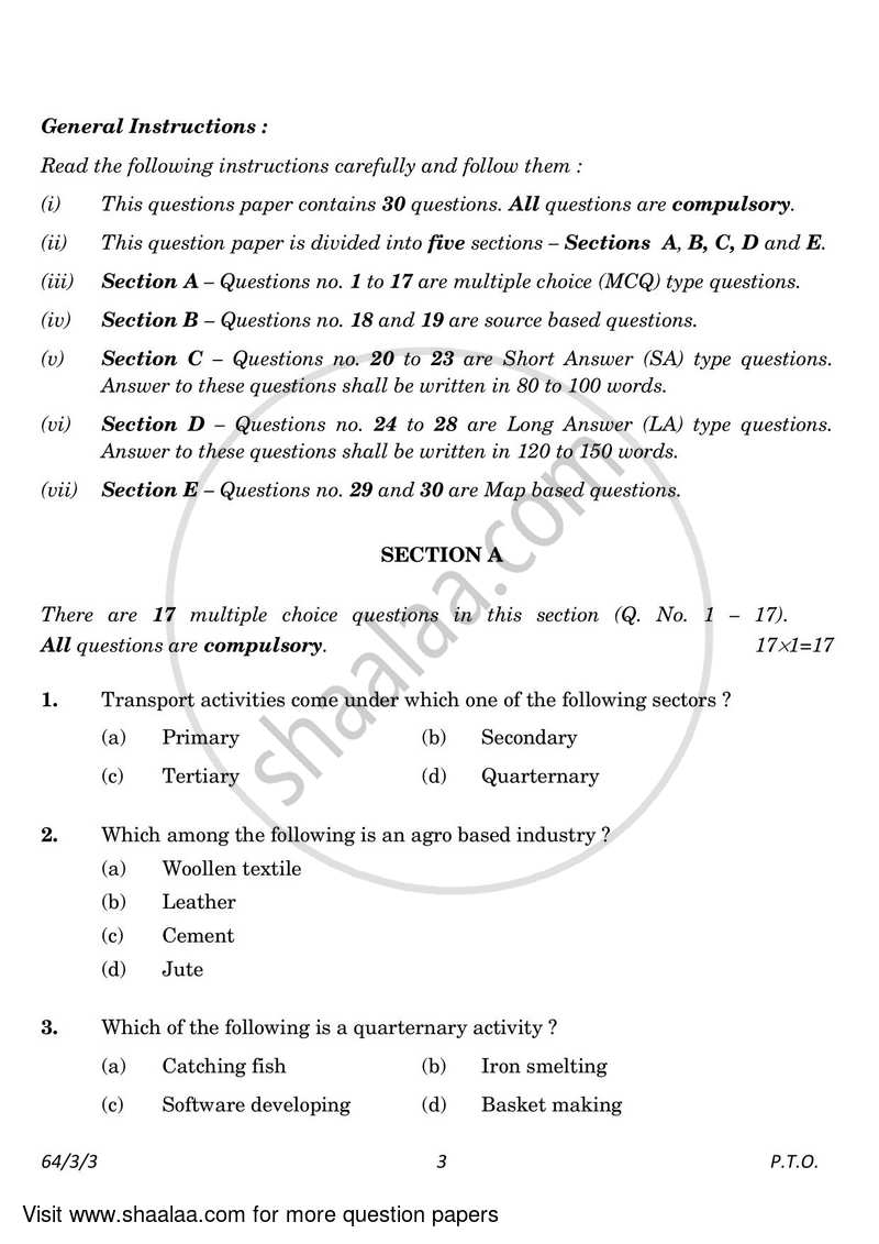 Geography 2022-2023 - CBSE 12th - Class 12 - CBSE (Central Board of Secondary Education) question paper with PDF download