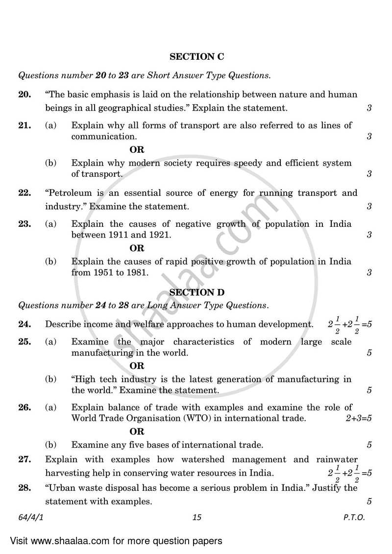 Geography 2022-2023 - CBSE 12th - Class 12 - CBSE (Central Board of Secondary Education) question paper with PDF download