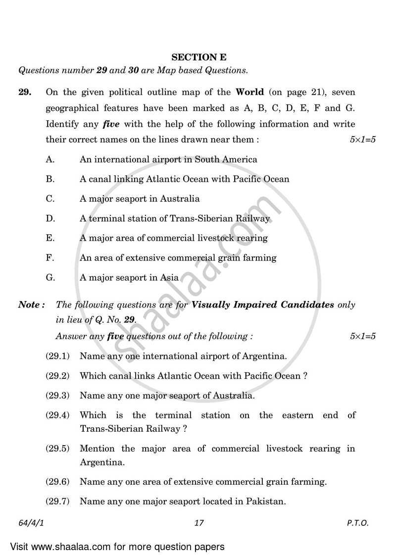 Geography 2022-2023 - CBSE 12th - Class 12 - CBSE (Central Board of Secondary Education) question paper with PDF download
