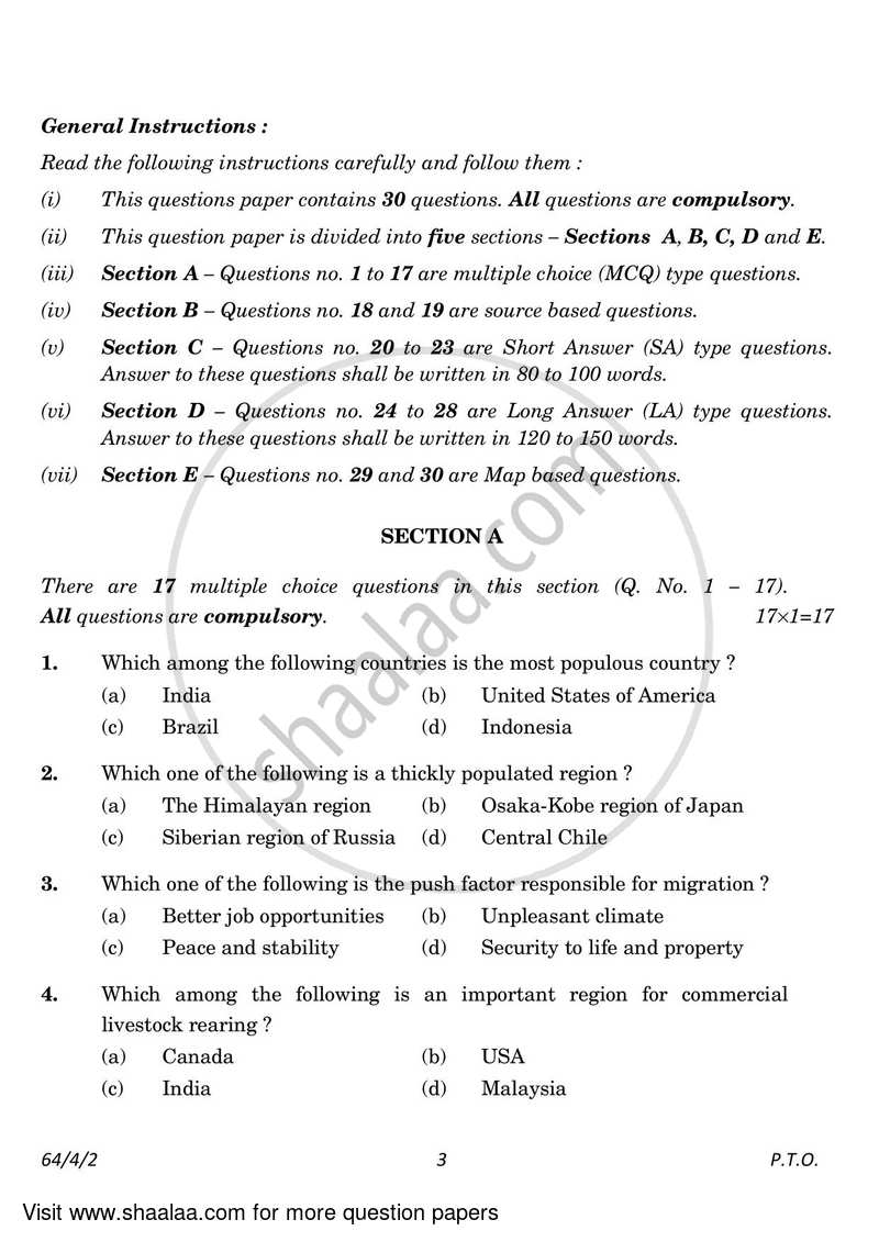 Geography 2022-2023 - CBSE 12th - Class 12 - CBSE (Central Board of Secondary Education) question paper with PDF download