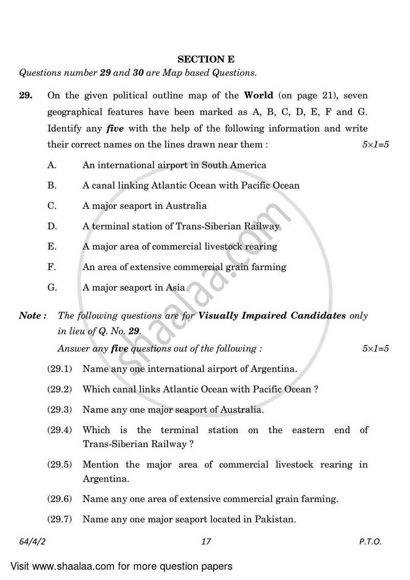 Geography 2022-2023 - CBSE 12th - Class 12 - CBSE (Central Board of Secondary Education) question paper with PDF download