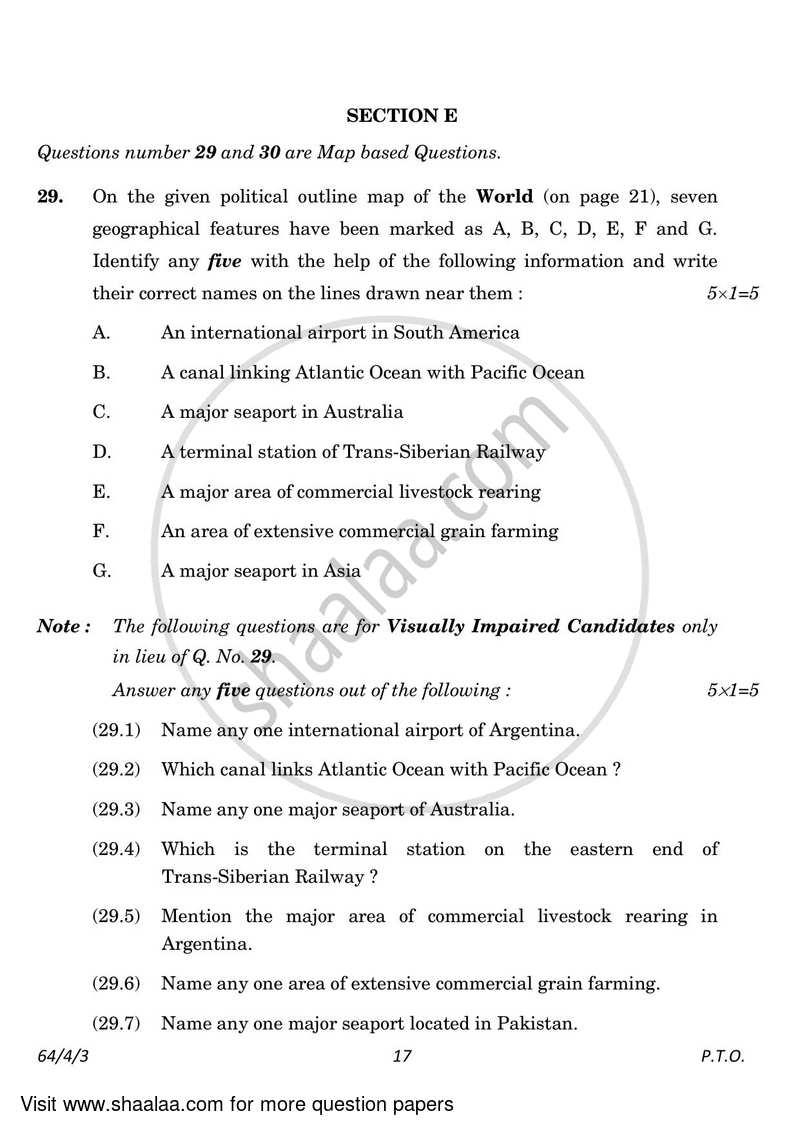 Geography 2022-2023 - CBSE 12th - Class 12 - CBSE (Central Board of Secondary Education) question paper with PDF download