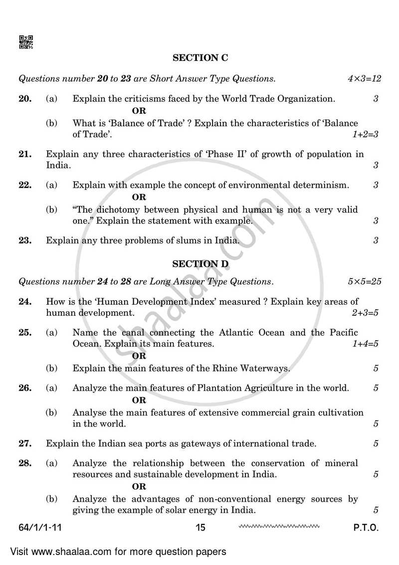 Geography 2023-2024 - CBSE 12th - Class 12 - CBSE (Central Board of Secondary Education) question paper with PDF download