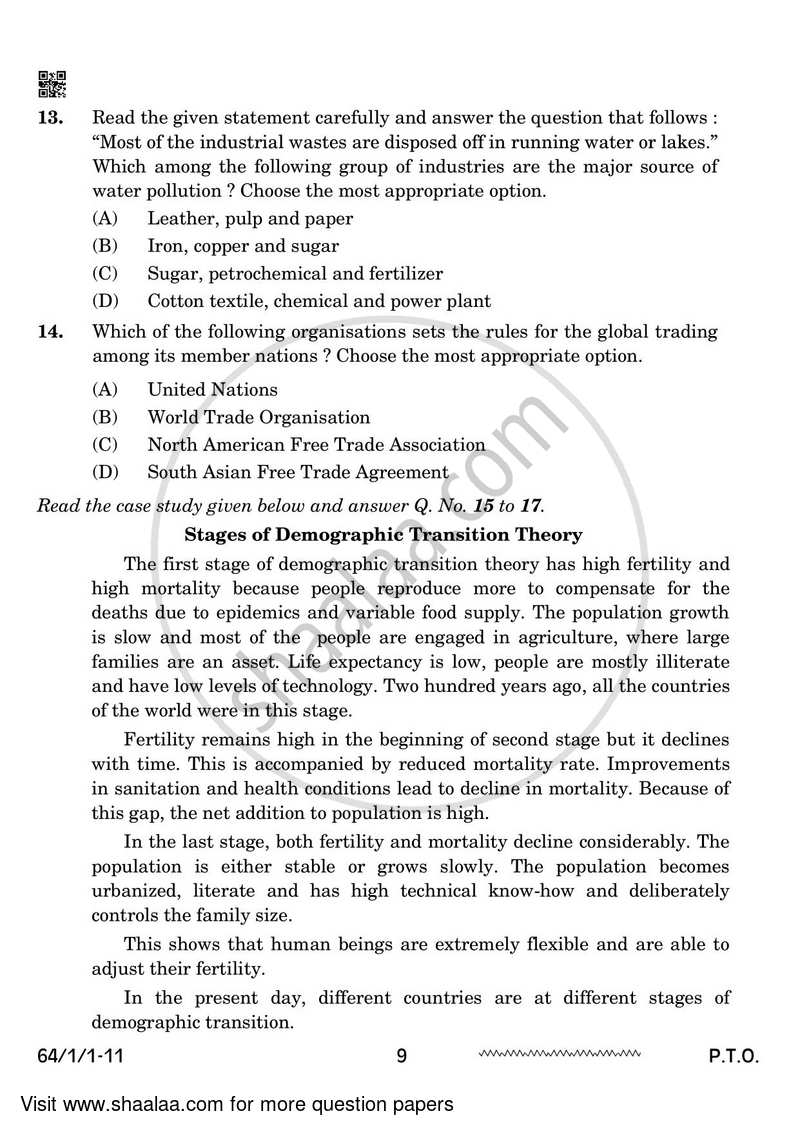 Geography 2023-2024 - CBSE 12th - Class 12 - CBSE (Central Board of Secondary Education) question paper with PDF download