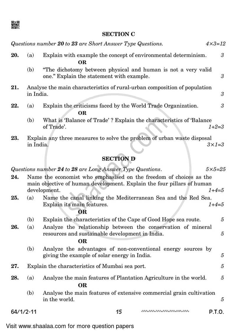 Geography 2023-2024 - CBSE 12th - Class 12 - CBSE (Central Board of Secondary Education) question paper with PDF download