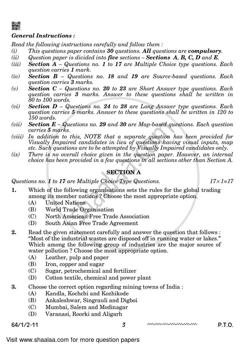 Geography 2023-2024 - CBSE 12th - Class 12 - CBSE (Central Board of Secondary Education) question paper with PDF download