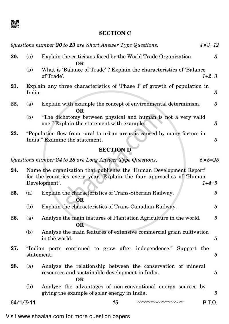 Geography 2023-2024 - CBSE 12th - Class 12 - CBSE (Central Board of Secondary Education) question paper with PDF download