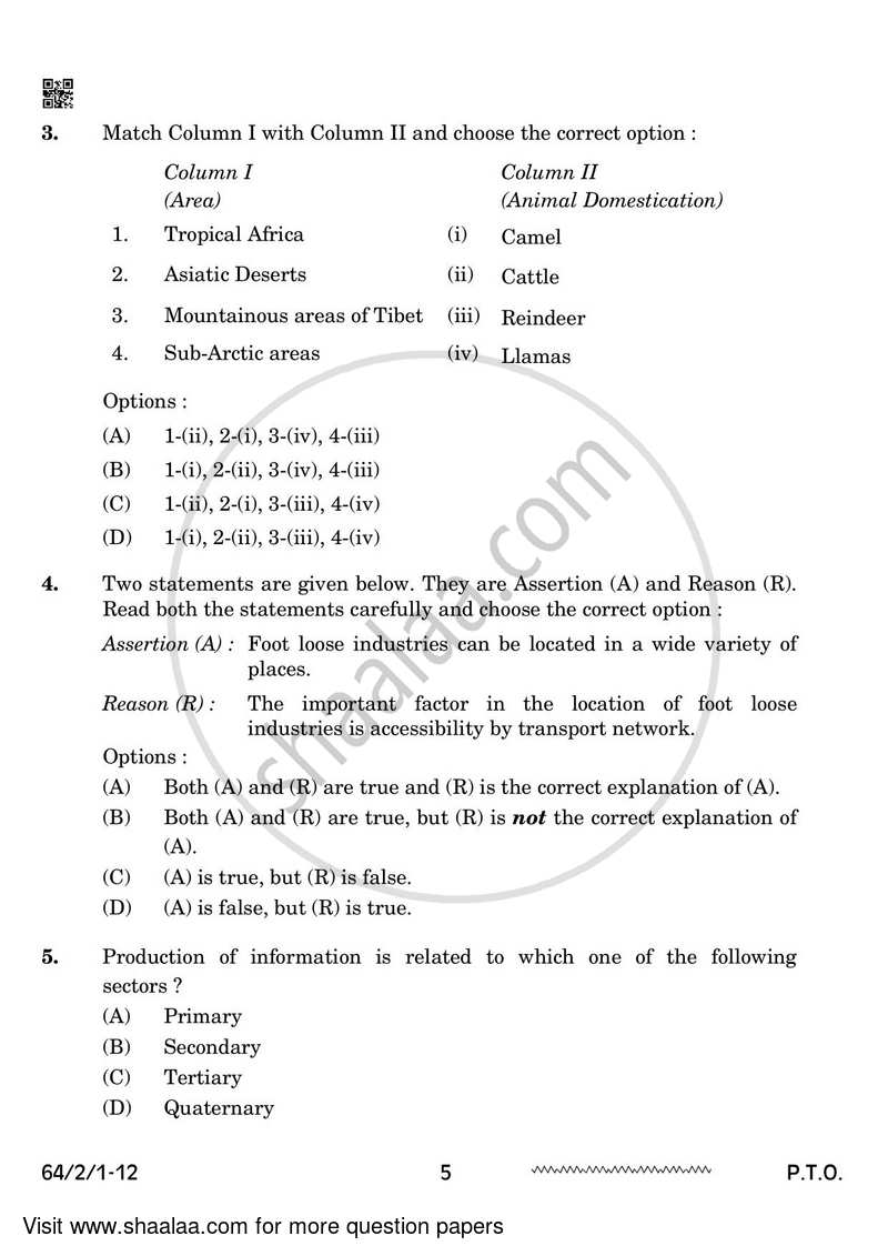 Geography 2023-2024 - CBSE 12th - Class 12 - CBSE (Central Board of Secondary Education) question paper with PDF download