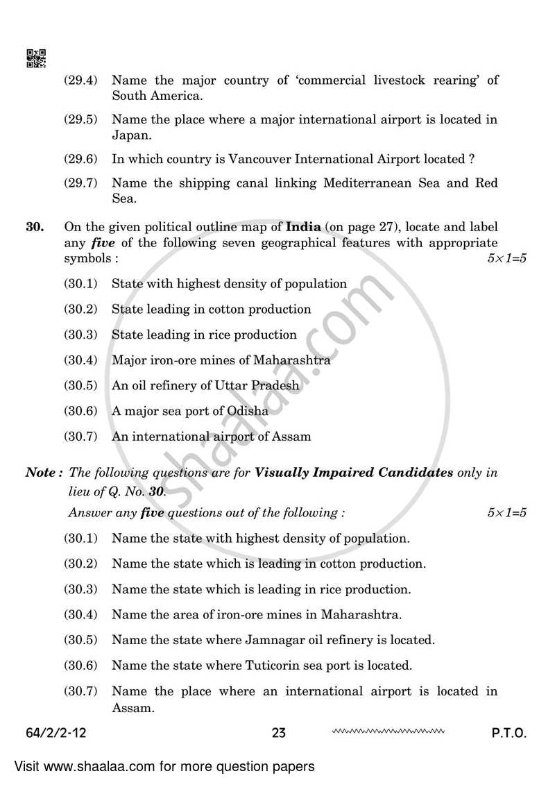 Geography 2023-2024 - CBSE 12th - Class 12 - CBSE (Central Board of Secondary Education) question paper with PDF download