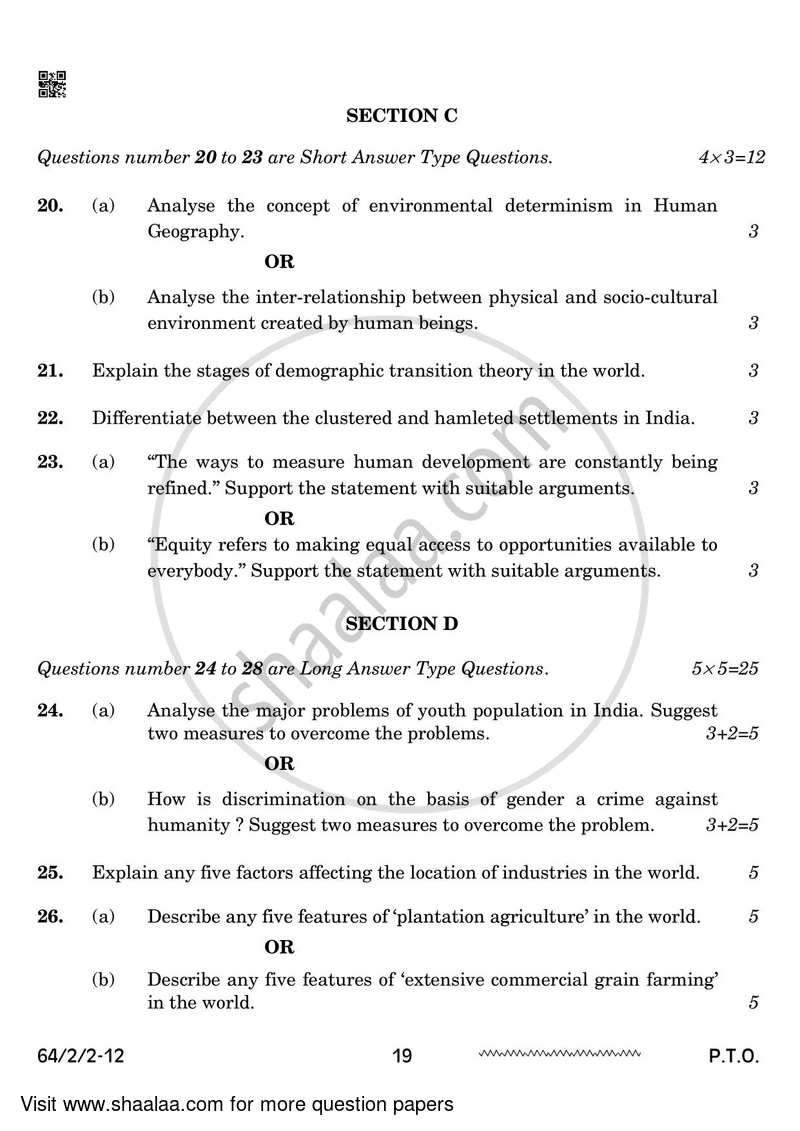 Geography 2023-2024 - CBSE 12th - Class 12 - CBSE (Central Board of Secondary Education) question paper with PDF download