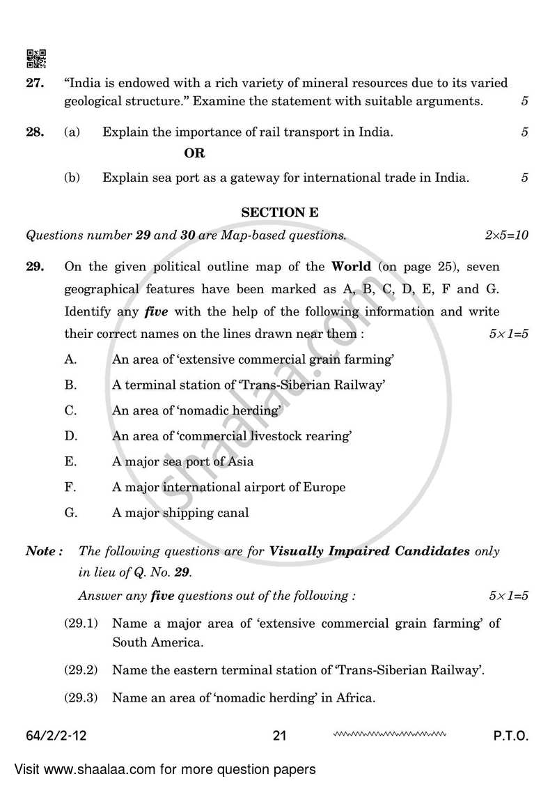 Geography 2023-2024 - CBSE 12th - Class 12 - CBSE (Central Board of Secondary Education) question paper with PDF download
