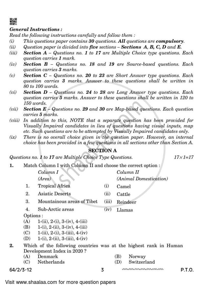 Geography 2023-2024 - CBSE 12th - Class 12 - CBSE (Central Board of Secondary Education) question paper with PDF download