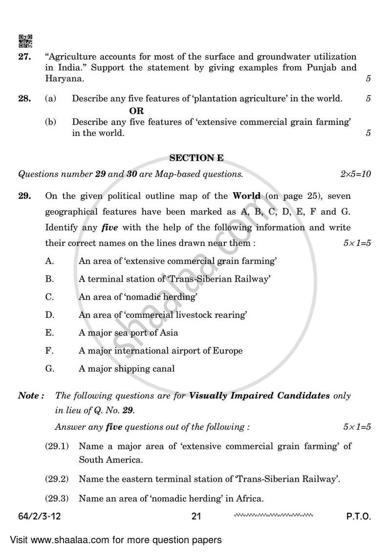 Geography 2023-2024 - CBSE 12th - Class 12 - CBSE (Central Board of Secondary Education) question paper with PDF download