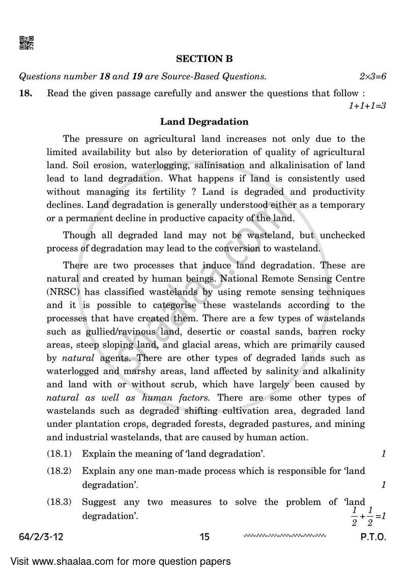 Geography 2023-2024 - CBSE 12th - Class 12 - CBSE (Central Board of Secondary Education) question paper with PDF download