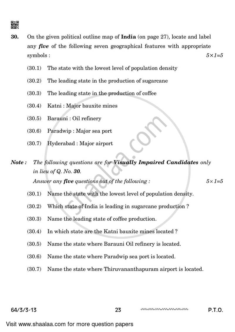 Geography 2023-2024 - CBSE 12th - Class 12 - CBSE (Central Board of Secondary Education) question paper with PDF download