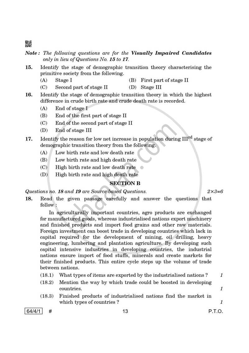 Geography 2024-2025 - CBSE 12th - Class 12 - CBSE (Central Board of Secondary Education) question paper with PDF download