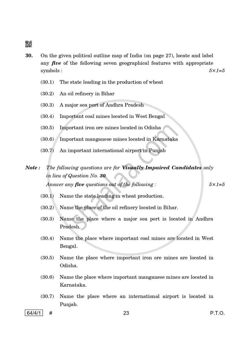 Geography 2024-2025 - CBSE 12th - Class 12 - CBSE (Central Board of Secondary Education) question paper with PDF download