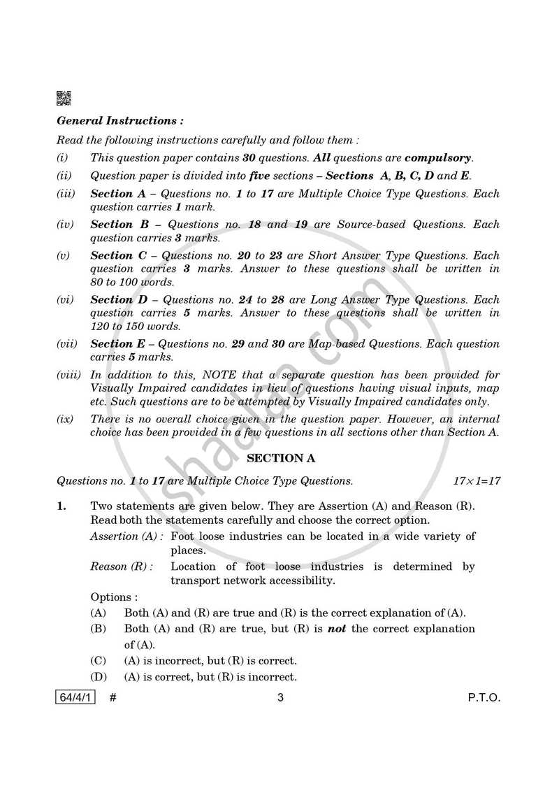 Geography 2024-2025 - CBSE 12th - Class 12 - CBSE (Central Board of Secondary Education) question paper with PDF download