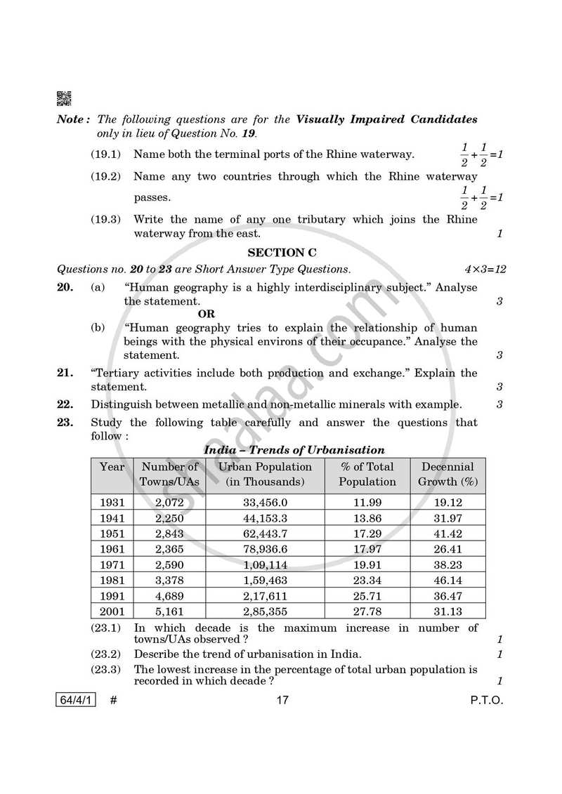 Geography 2024-2025 - CBSE 12th - Class 12 - CBSE (Central Board of Secondary Education) question paper with PDF download
