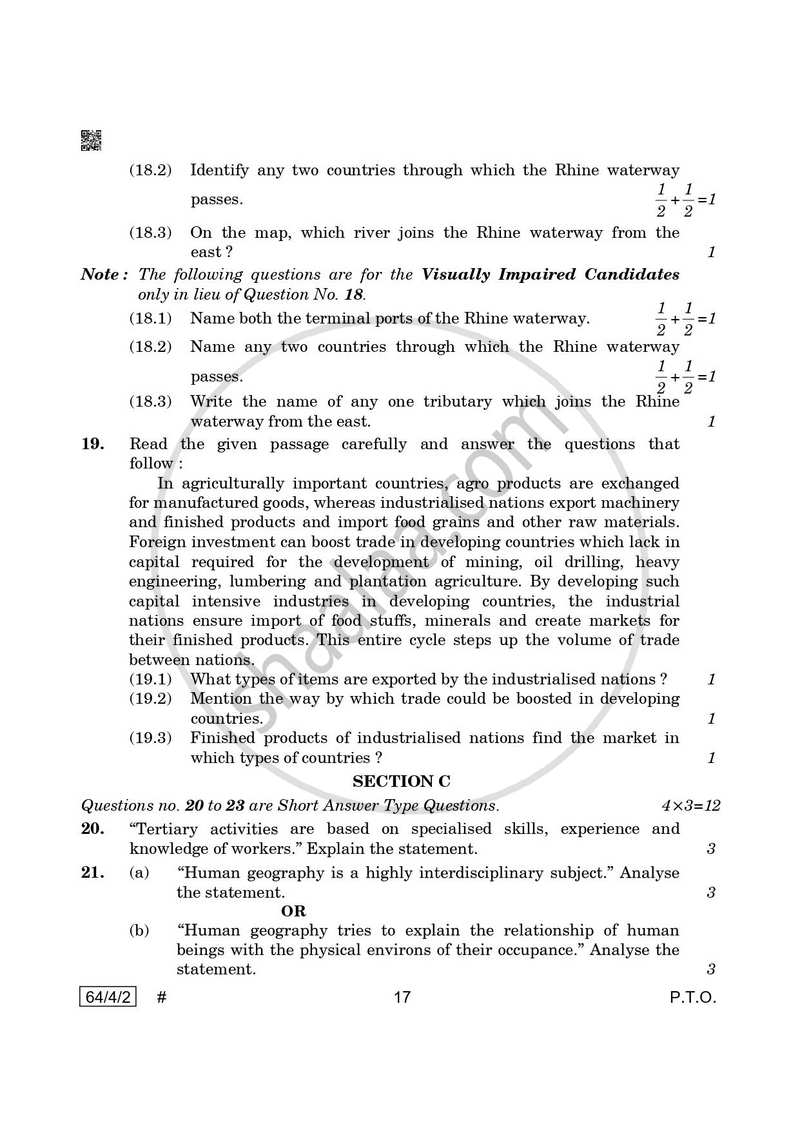 Geography 2024-2025 - CBSE 12th - Class 12 - CBSE (Central Board of Secondary Education) question paper with PDF download