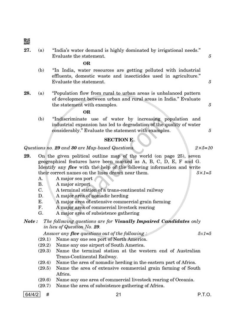 Geography 2024-2025 - CBSE 12th - Class 12 - CBSE (Central Board of Secondary Education) question paper with PDF download