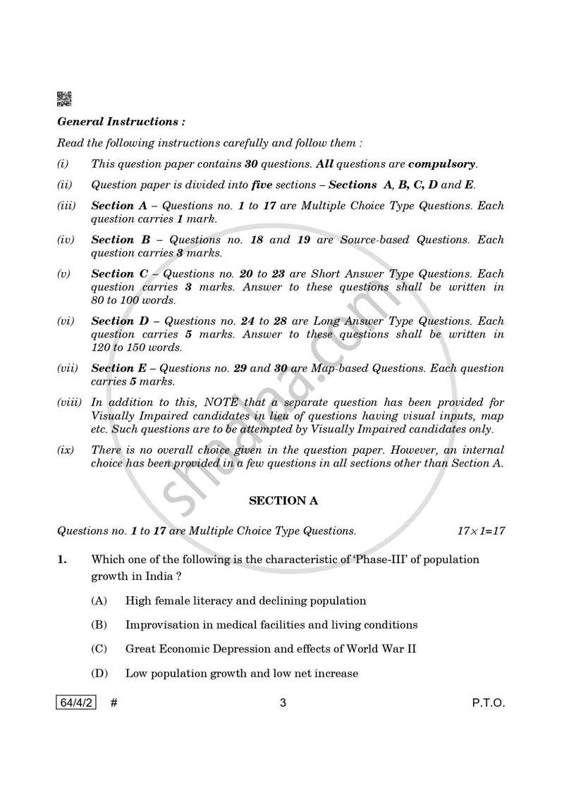 Geography 2024-2025 - CBSE 12th - Class 12 - CBSE (Central Board of Secondary Education) question paper with PDF download