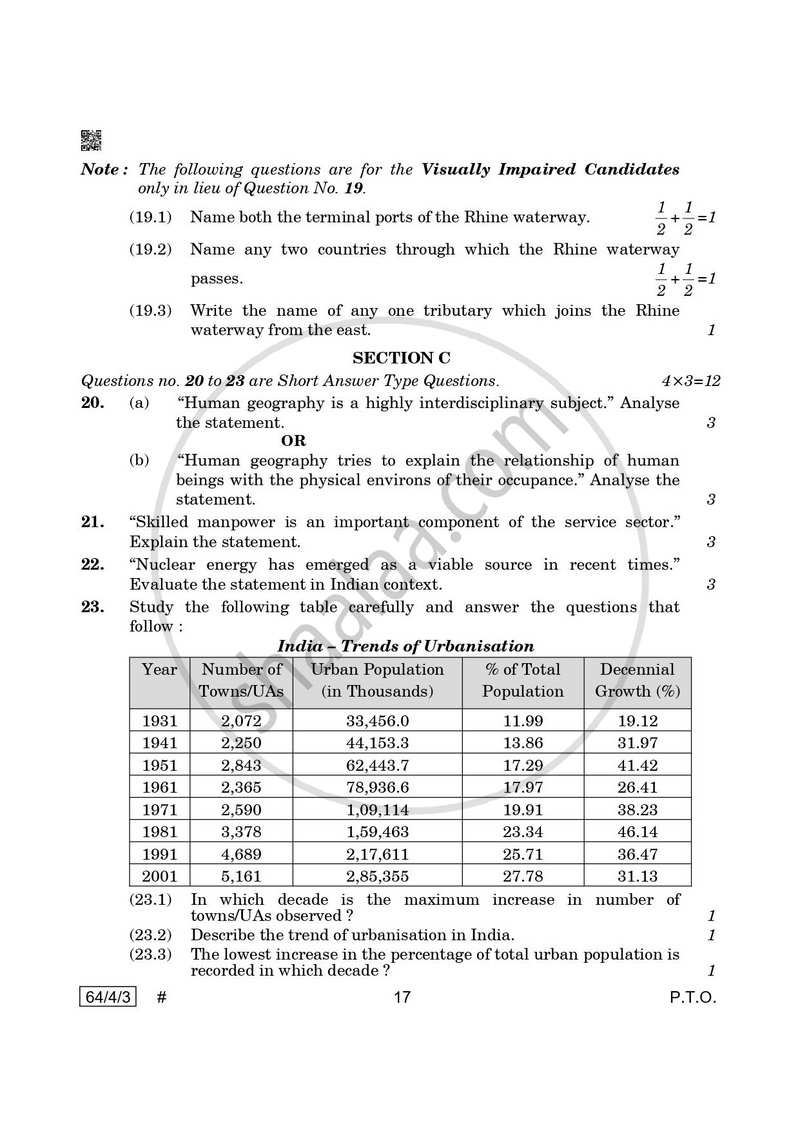 Geography 2024-2025 - CBSE 12th - Class 12 - CBSE (Central Board of Secondary Education) question paper with PDF download