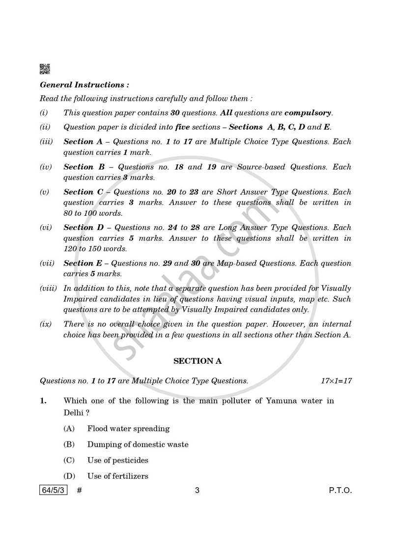 Geography 2024-2025 - CBSE 12th - Class 12 - CBSE (Central Board of Secondary Education) question paper with PDF download