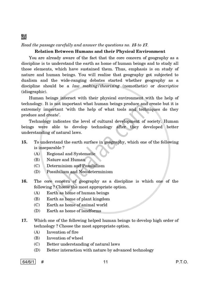 Geography 2024-2025 - CBSE 12th - Class 12 - CBSE (Central Board of Secondary Education) question paper with PDF download
