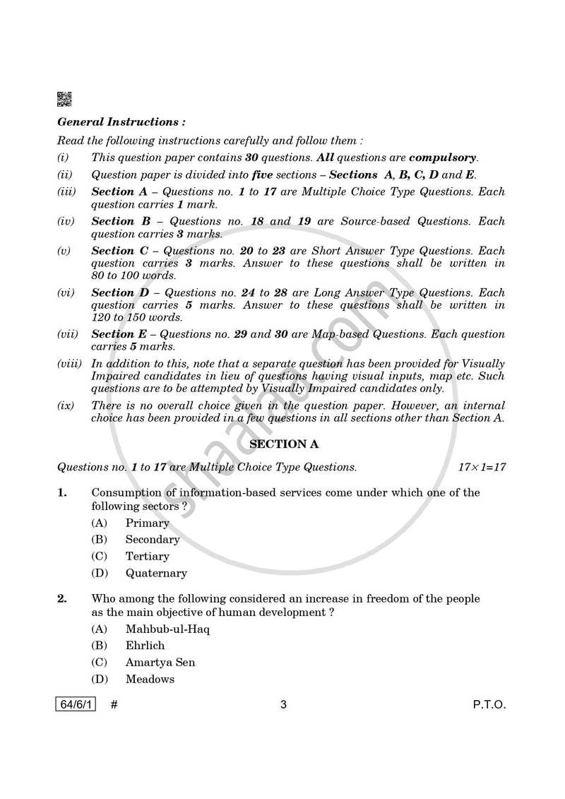 Geography 2024-2025 - CBSE 12th - Class 12 - CBSE (Central Board of Secondary Education) question paper with PDF download