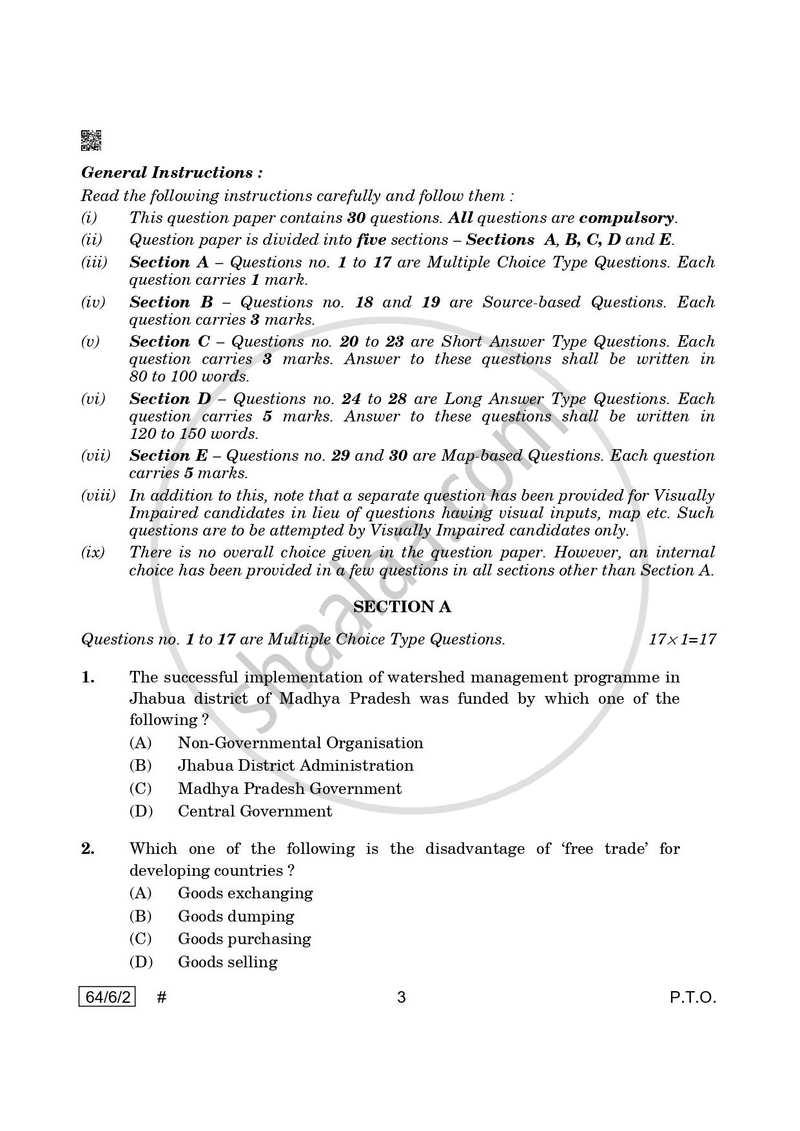 Geography 2024-2025 - CBSE 12th - Class 12 - CBSE (Central Board of Secondary Education) question paper with PDF download