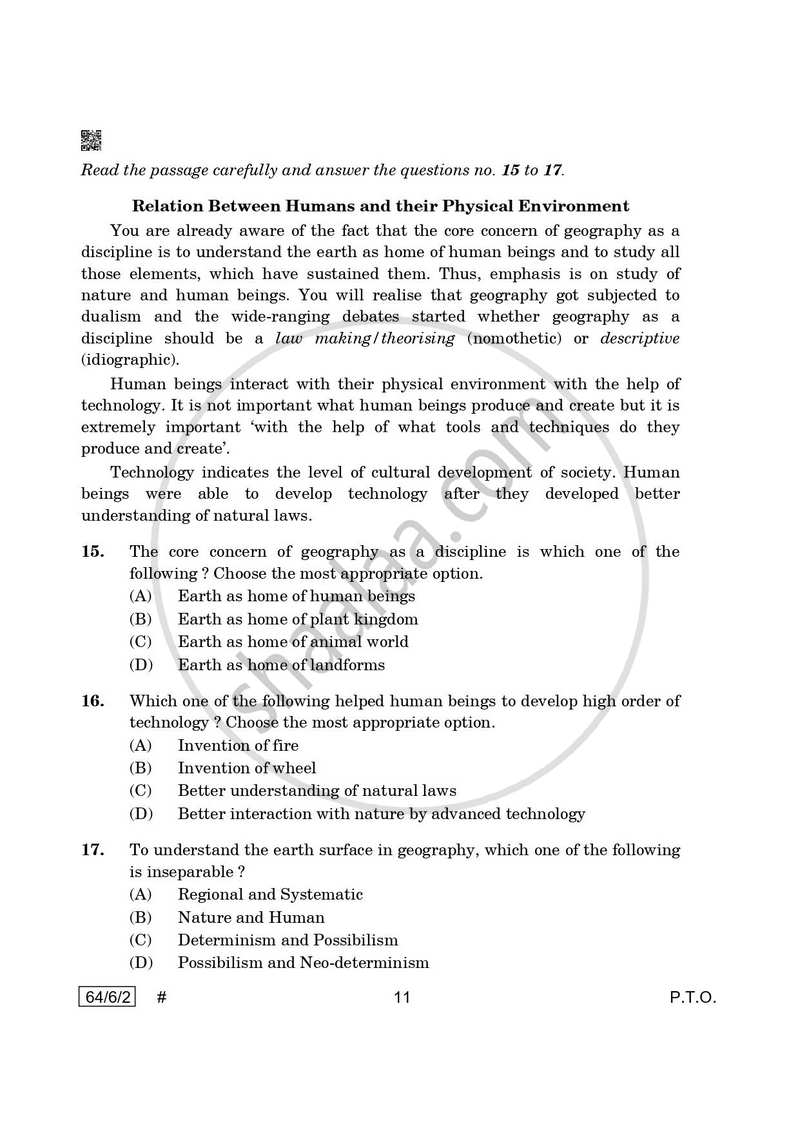 Geography 2024-2025 - CBSE 12th - Class 12 - CBSE (Central Board of Secondary Education) question paper with PDF download