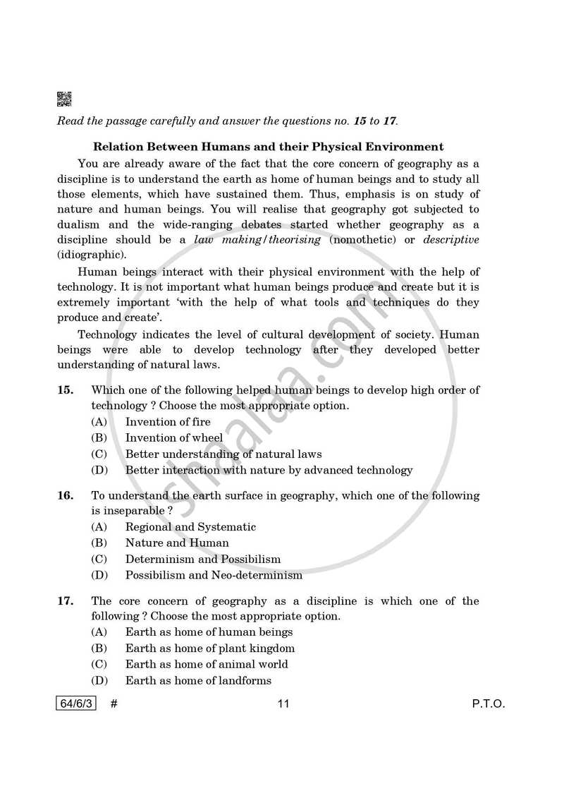 Geography 2024-2025 - CBSE 12th - Class 12 - CBSE (Central Board of Secondary Education) question paper with PDF download