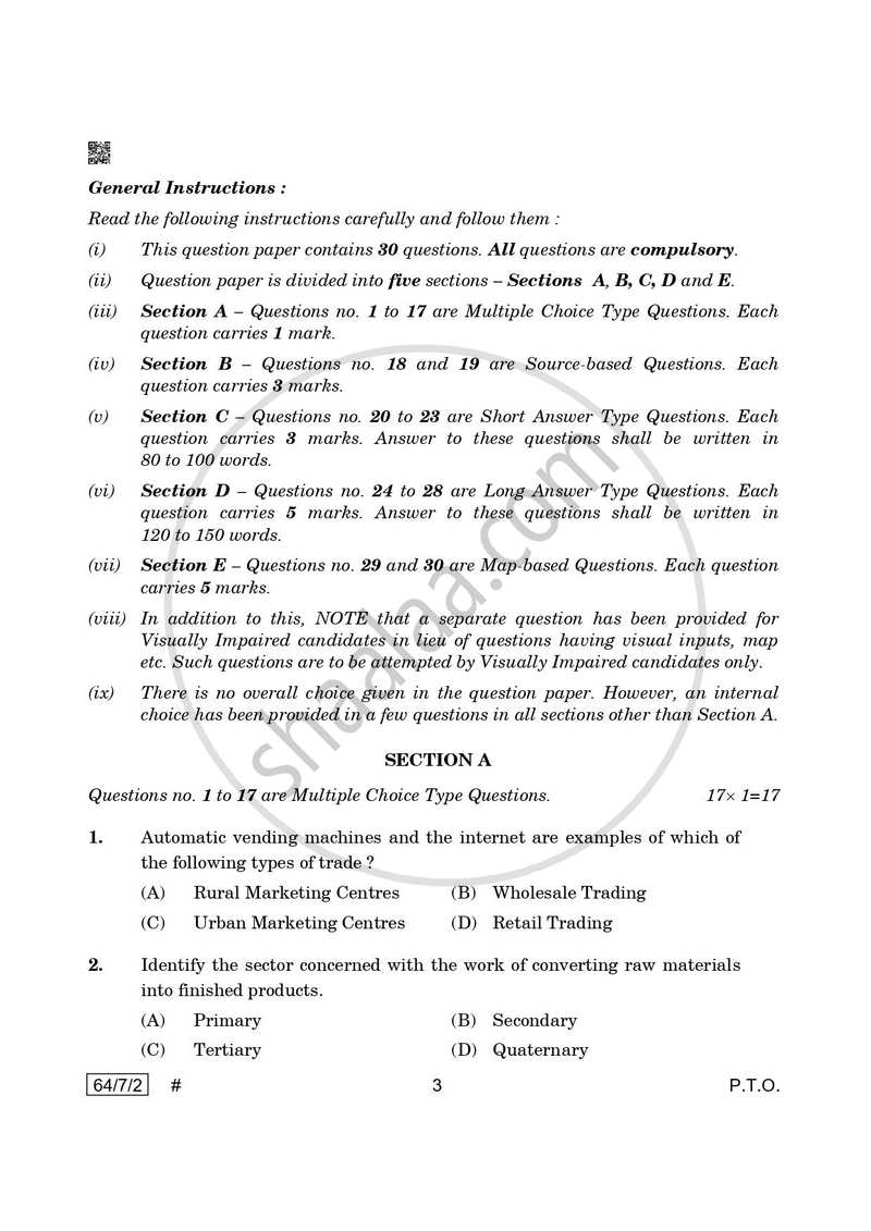 Geography 2024-2025 - CBSE 12th - Class 12 - CBSE (Central Board of Secondary Education) question paper with PDF download