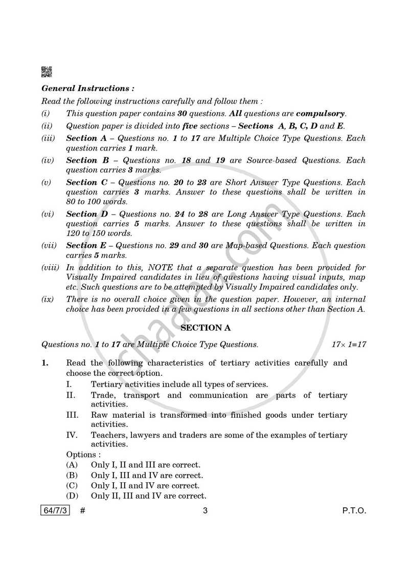 Geography 2024-2025 - CBSE 12th - Class 12 - CBSE (Central Board of Secondary Education) question paper with PDF download
