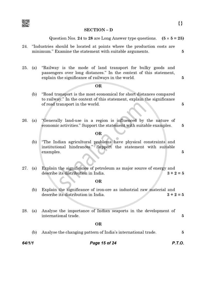 Geography 2025-2026 - CBSE 12th - Class 12 - CBSE (Central Board of Secondary Education) question paper with PDF download